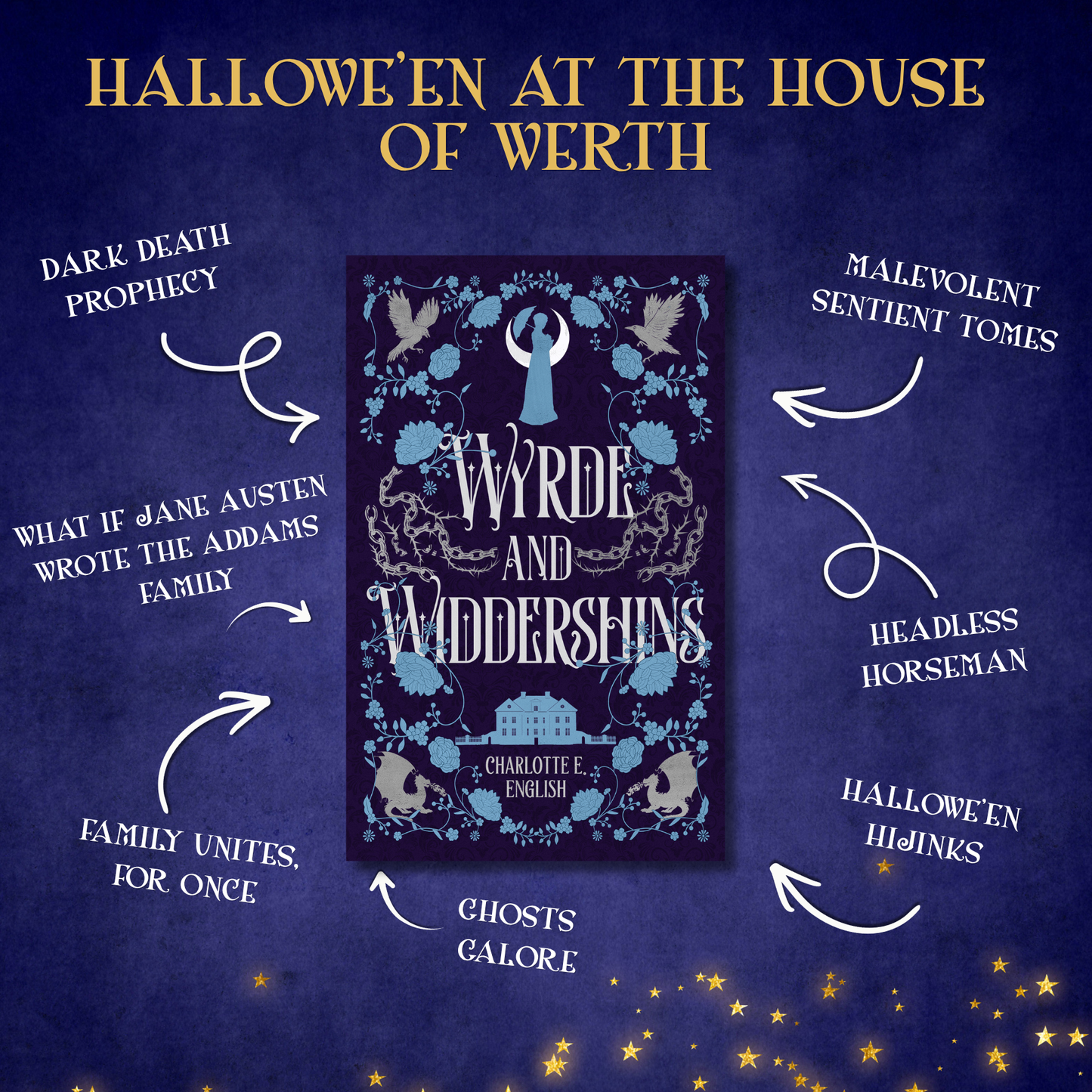 Genre and trope highlights for Wyrde and Widdershins, a House of Werth cosy gothic fantasy novel by Charlotte E. English