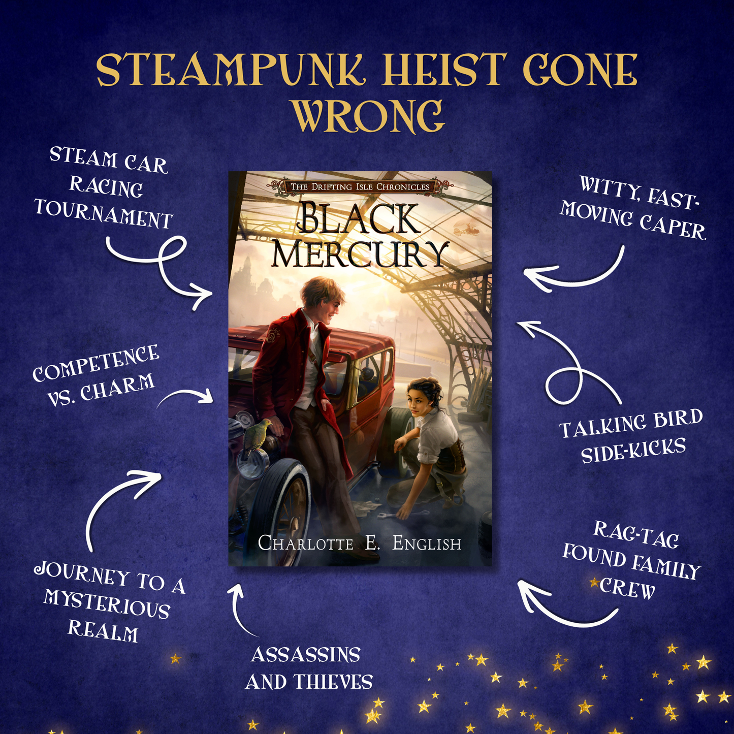 Genre and trope highlights for Black Mercury, a Drifting Isle fantasy adventure novel by Charlotte E. English