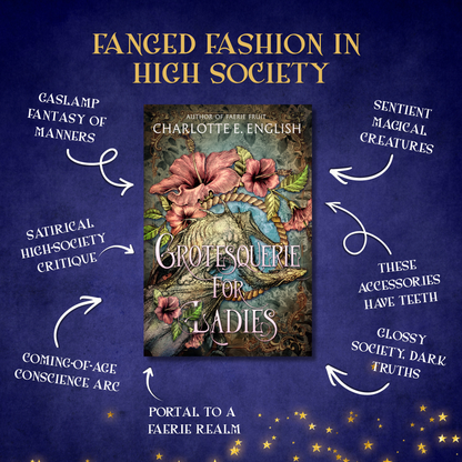 Genre and trope highlights for Grotesquerie for Ladies, a Harvon gothic fantasy of manners novel by Charlotte E. English