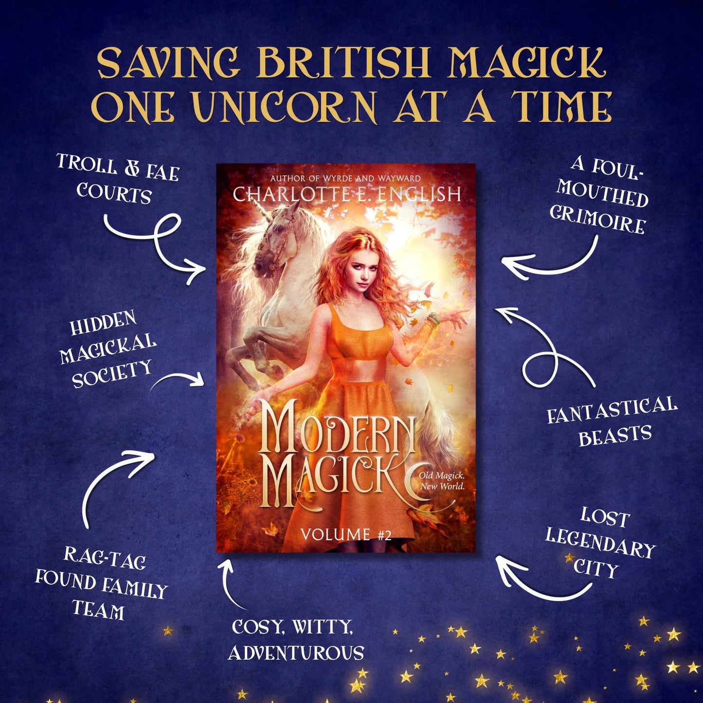 Genre and trope highlights for Modern Magick, Volume 2, a Modern Magick cosy urban fantasy novel by Charlotte E. English