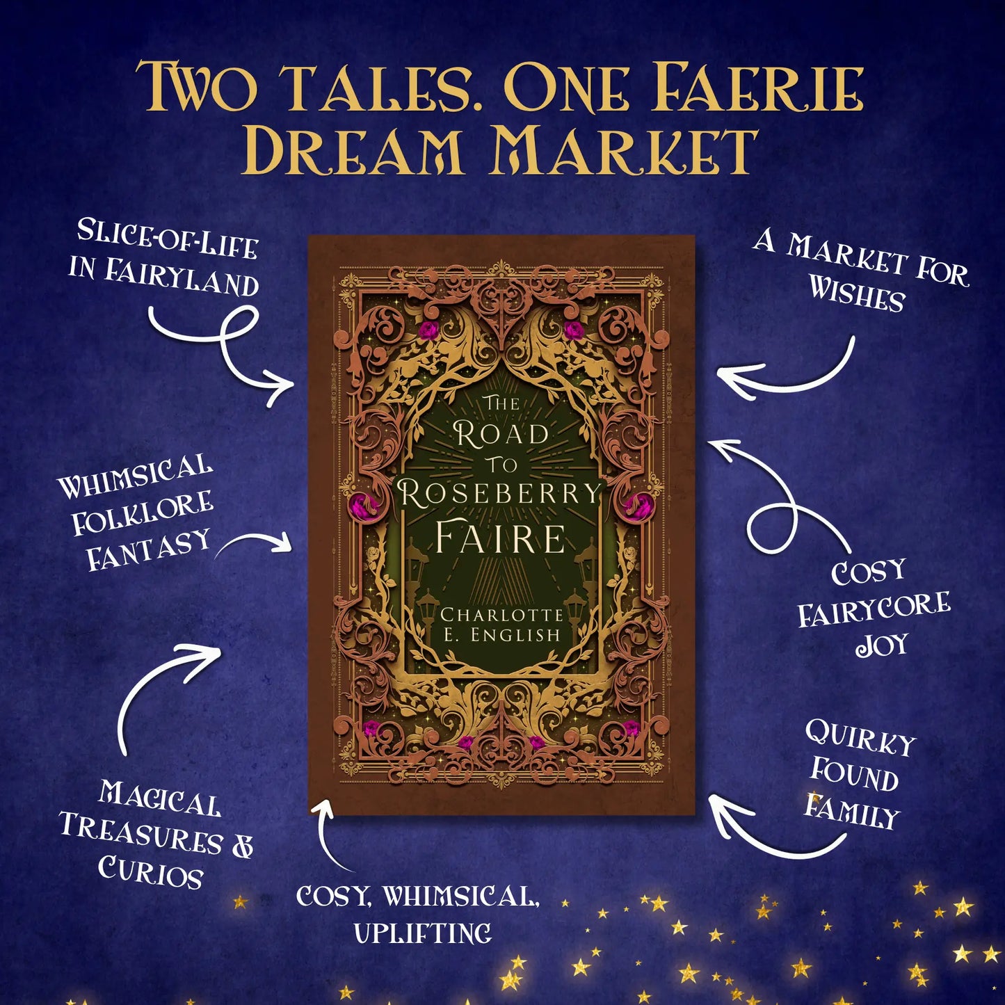 Genre and trope highlights for The Road to Roseberry Faire, a cosy fairytale novel by Charlotte E. English