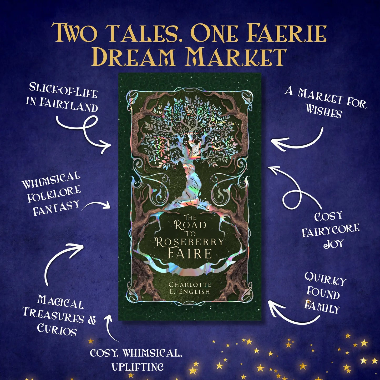 Genre and trope highlights for The Road to Roseberry Faire, a cosy fairytale novel by Charlotte E. English