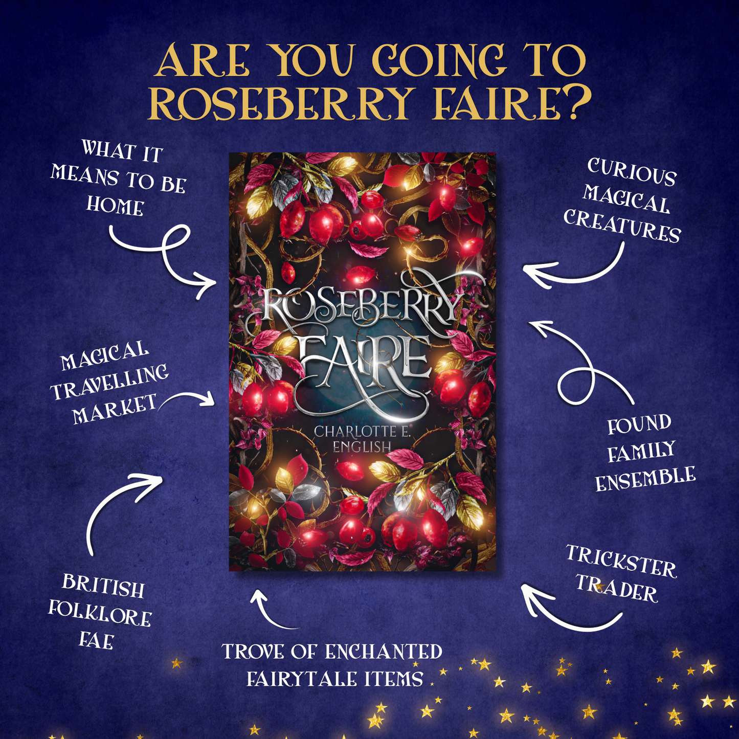 Genre and trope highlights for Roseberry Faire, a fae cosy fairytale novel by Charlotte E. English