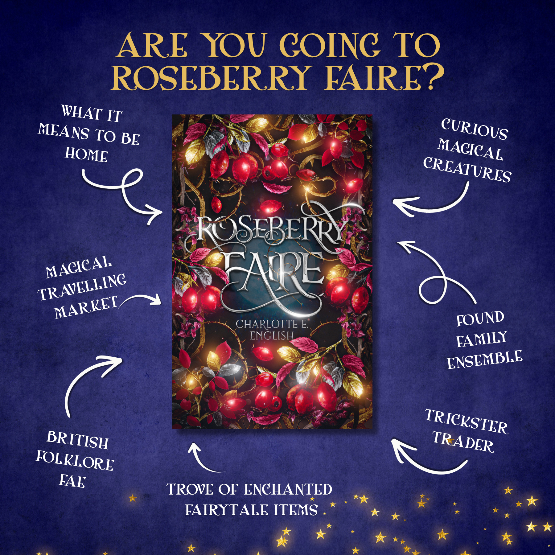 Genre and trope highlights for Roseberry Faire, a fae cosy fairytale novel by Charlotte E. English