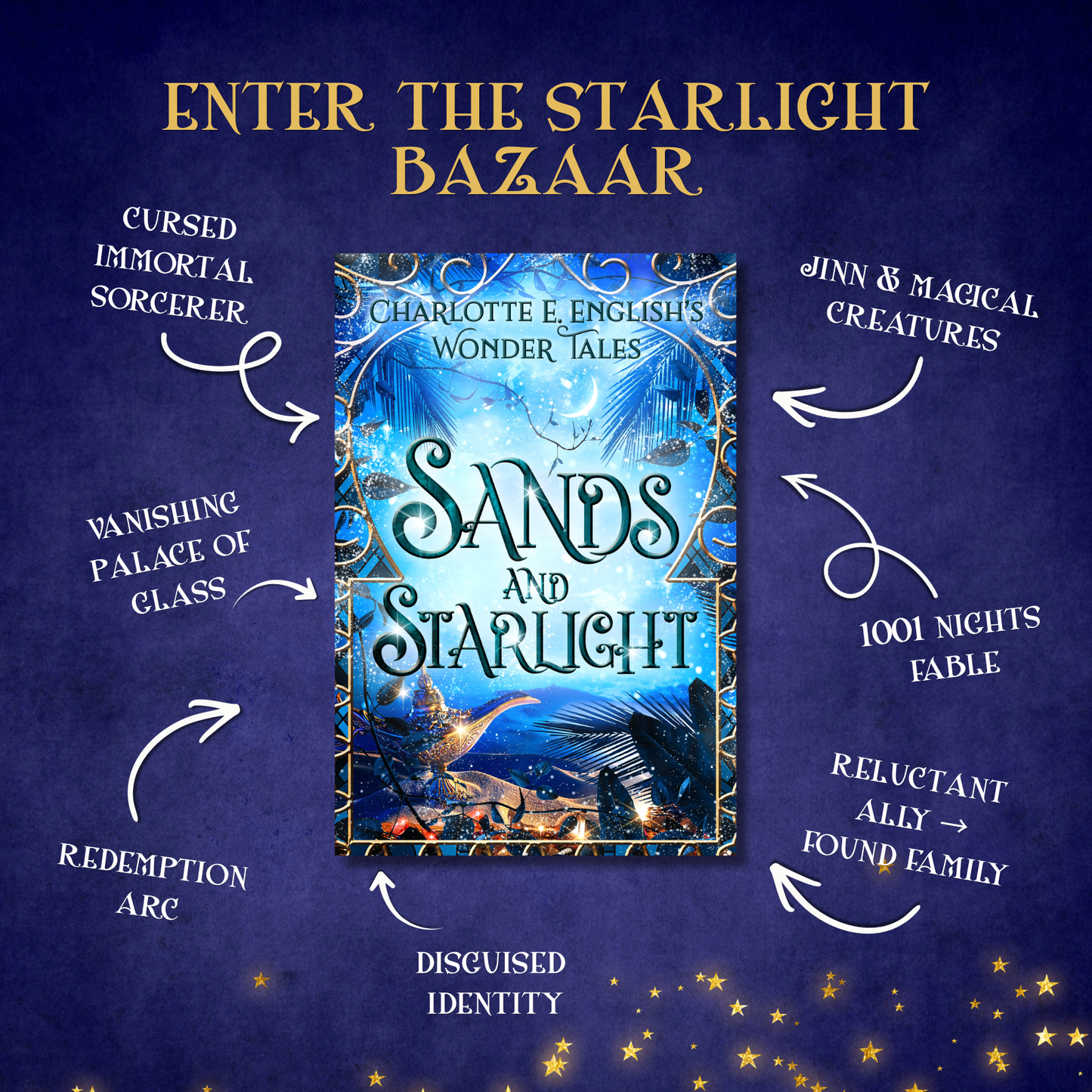 Genre and trope highlights for Sands and Starlight, a Wonder Tales fae cosy fairytale novel by Charlotte E. English