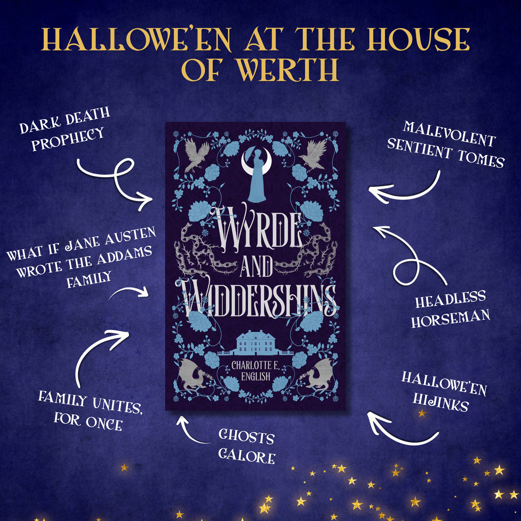 Genre and trope highlights for Wyrde and Widdershins, a House of Werth cosy gothic fantasy novel by Charlotte E. English