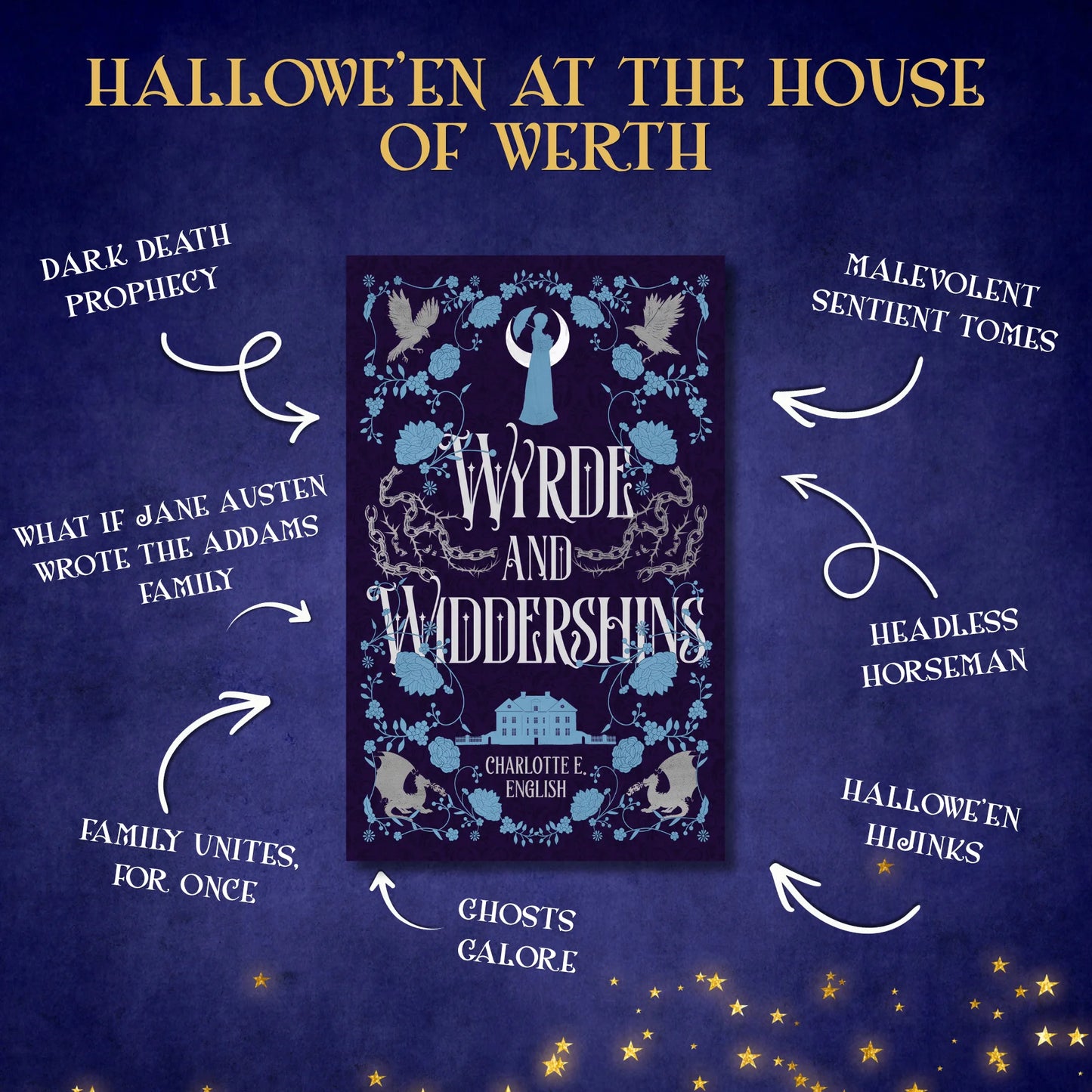 Genre and trope highlights for Wyrde and Widdershins, a House of Werth cosy gothic fantasy novel by Charlotte E. English